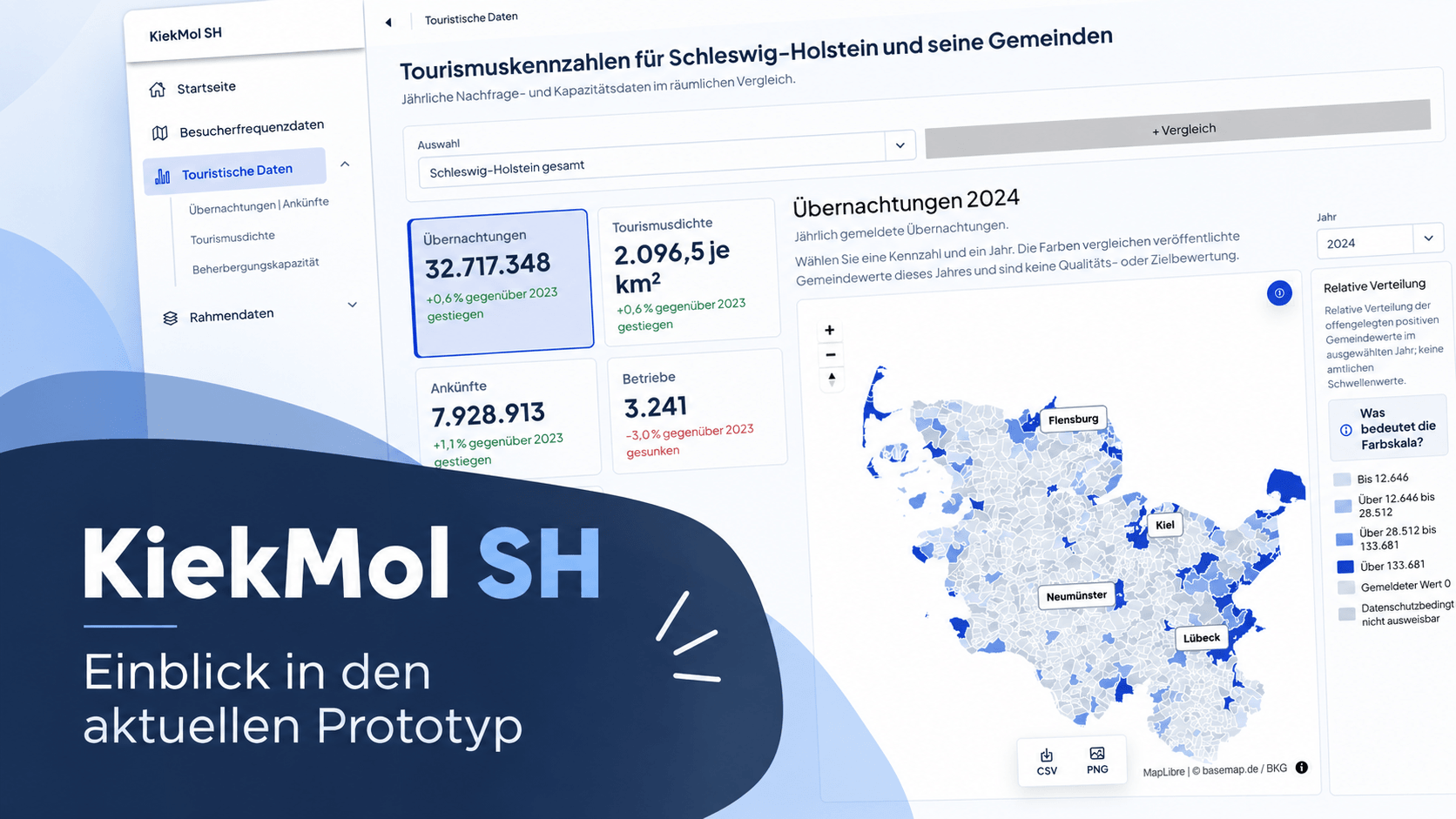 Darstellung von touristischen Zahlen und Aufbereitung in einer Karte auf dem Prototypen des Dashboards KiekMalSH