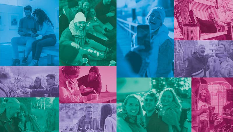 Bunte Foto-Collage mit mehreren Szenen: Menschen sitzen zusammen, lachen, machen ein Selfie, essen und trinken draußen; ein Mann liegt in einem Strandkorb, zwei ältere Frauen lachen beim Spazierengehen.
